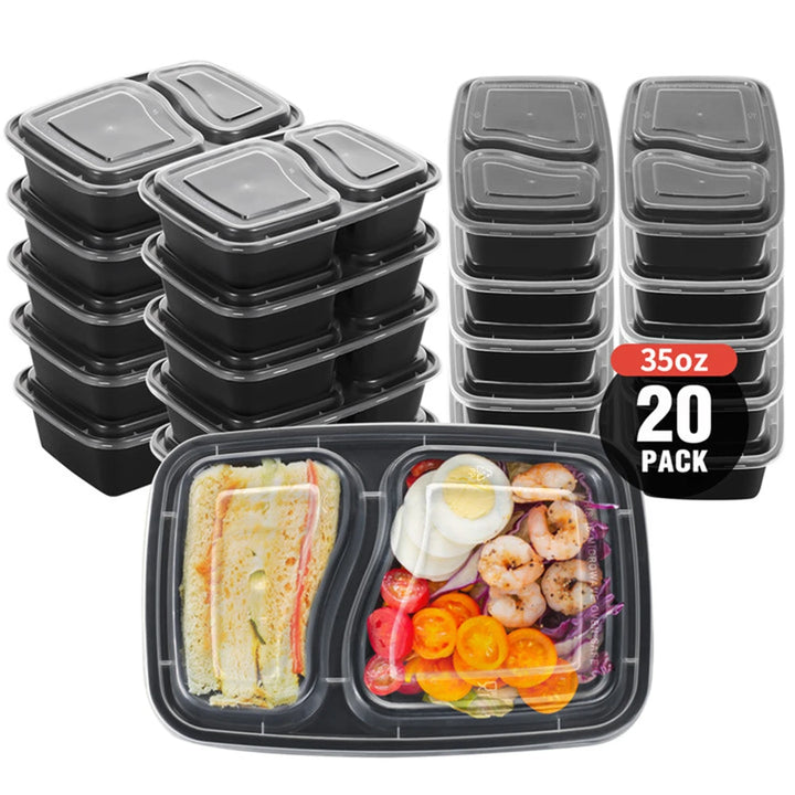 20Pcs Two Grid Lunch Box Disposable Portable Lunch Box Microwave Heating Tableware Stackable Plastic Food Storage Container