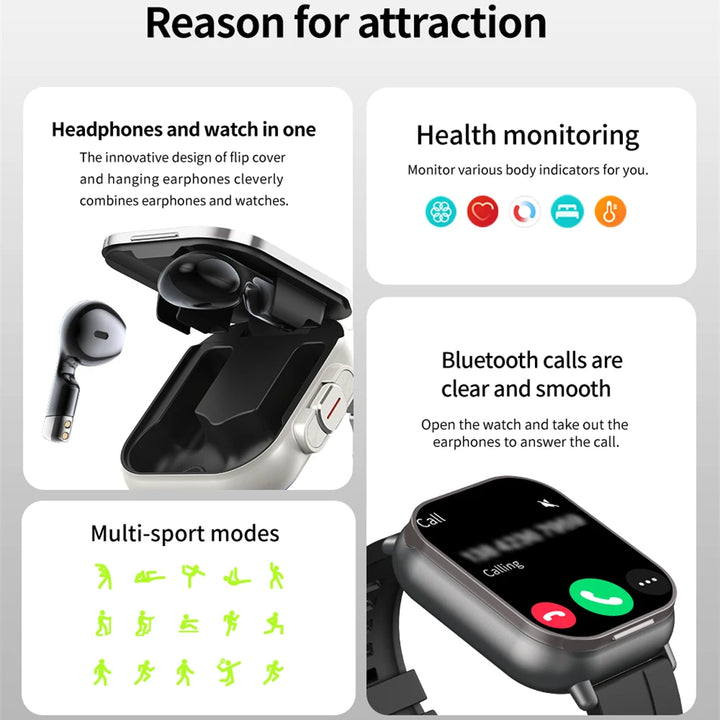 2024 Smart Watch 2 in 1 With Earphone Smartwatch Bluetooth Call Men Watch GPS Track Heart Rate Monitor Play Music SmartWatch