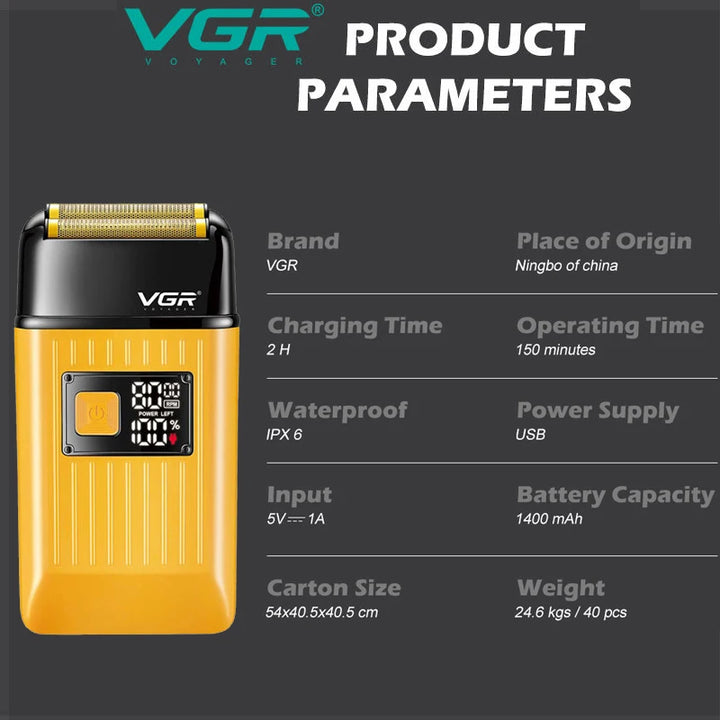 VGR Rechargeable Hair Shaver For Men Wet Dry Face Electric Shaver Beard Electric Razor Bald Head Shaving Machine With Extra Mesh