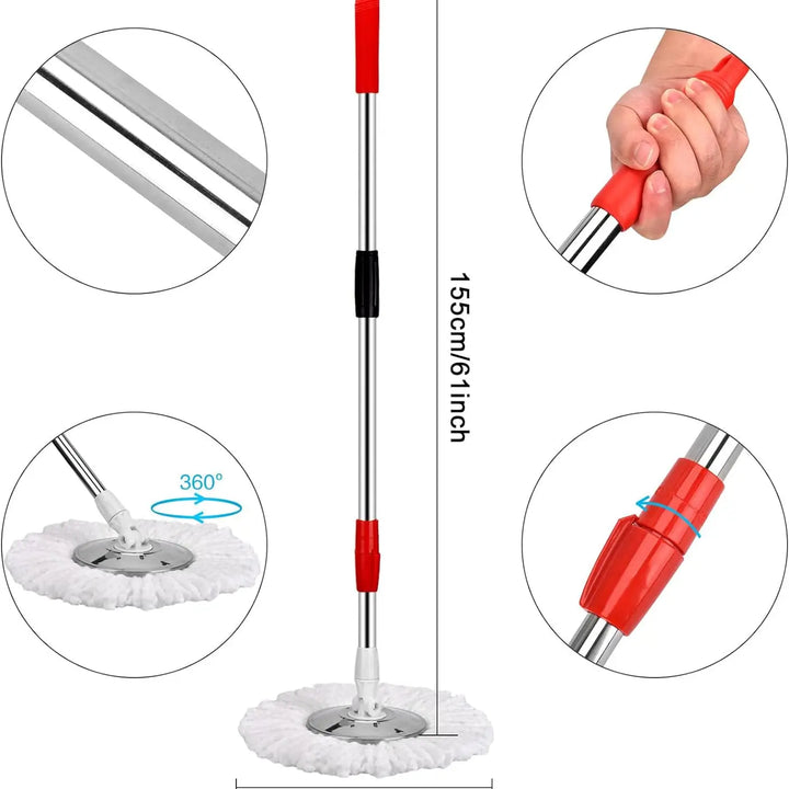 360° Spin Mop Bucket Sets with Wring System in 3 Microfiber Heads, Stainless Steel Basket 61" Extended Handle Floor Cleaning