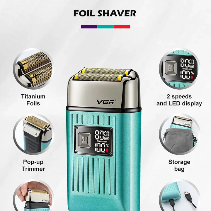 VGR Rechargeable Hair Shaver For Men Wet Dry Face Electric Shaver Beard Electric Razor Bald Head Shaving Machine With Extra Mesh